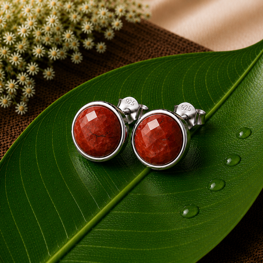 Red Jasper Natural Stone Stud Earrings (925 Sterling Silver)  Strength • Stability • Protection