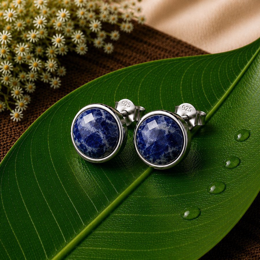 Sodalite Natural Stone Stud Earrings (925 Sterling Silver)  Logic • Intuition • Communication